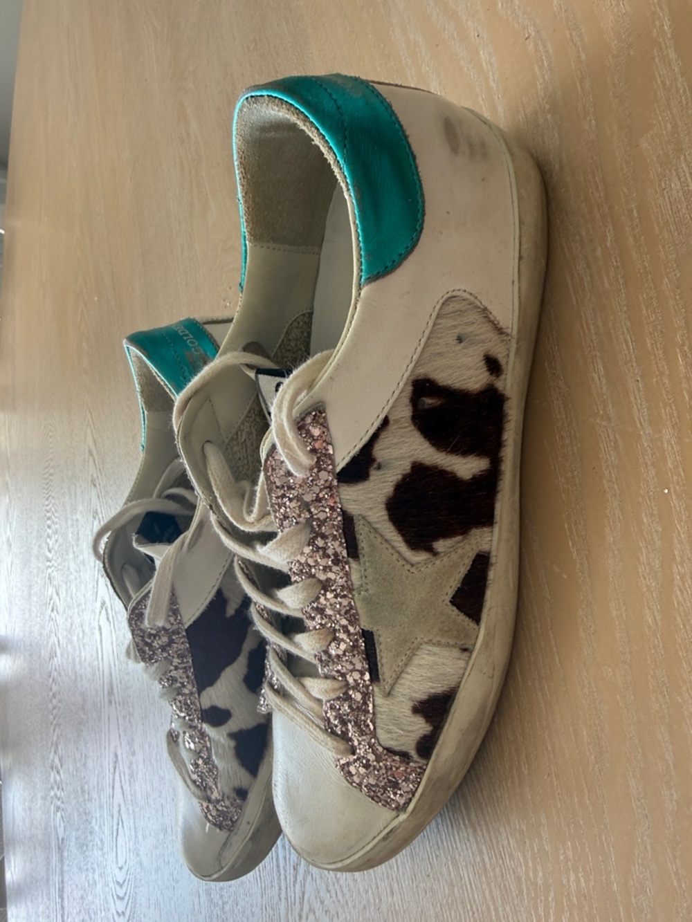 Golden Goose Superstars 39 Cow-Print Sneakers w Pink Glitter Trim and Teal Heel - Picture 5 of 8